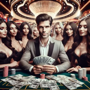 handsome man holding cash with beautiful girls around