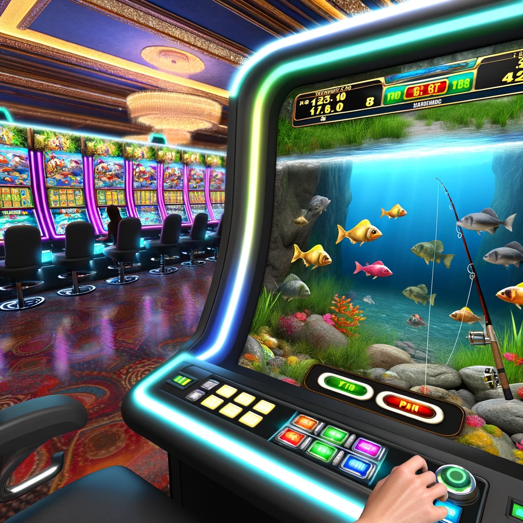 a man playing fishing game in a casino